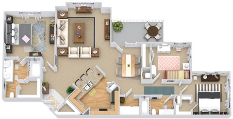 A detailed 3D floor plan of a house showing all rooms and their layouts.